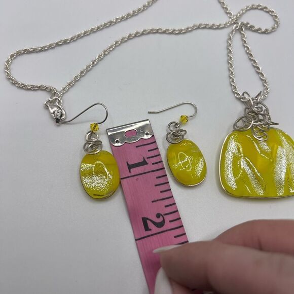 Yellow & Silver Dichroic Pendant Necklace & Earring Set. 925 Sterling Chain - Picture 7 of 11